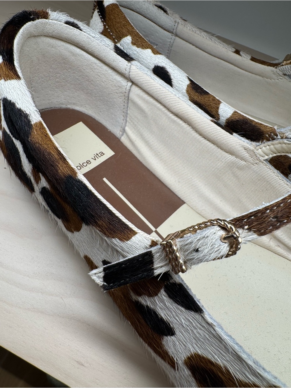 Dolce Vita Brown and White Cow-Print Mary Jane Flats with Strap - Picture 12 of 13